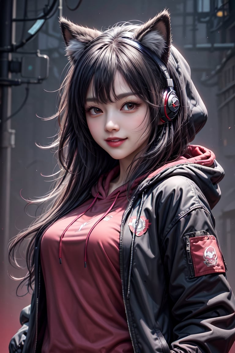  see smile,no mask, masterpiece,best quality,official art, extremely detailed CG unity 8k wallpaper,absurdres,8k resolution,exquisite facial features,prefect face,1girl, solo, long hair, looking at viewer, bangs, shirt, black hair, red eyes, long sleeves, animal ears, jacket, upper body, open clothes, hood, open jacket, black jacket, , headphones, wolf ears, red shirt, clothes writing, hooded jacket, red background, hood up, zipper, drawstring, covered mouth, headphones around neck, red theme, ears through headwear, respirator

,cool