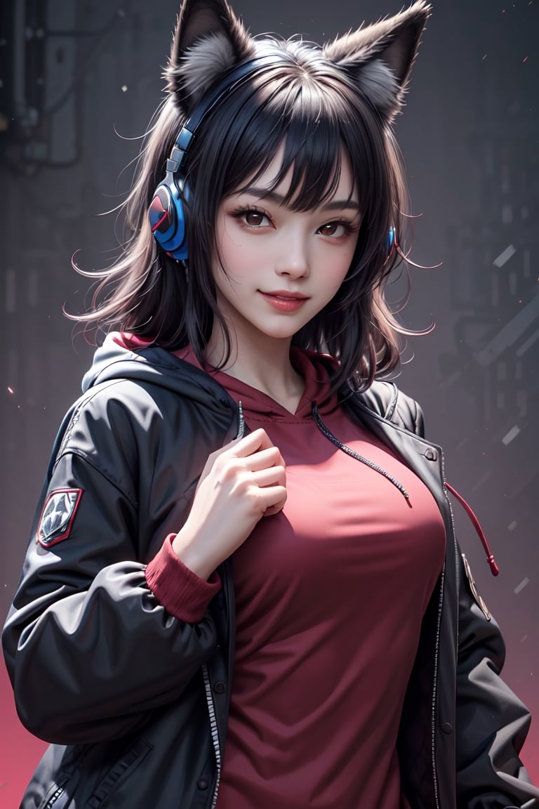  see smile,no mask, masterpiece,best quality,official art, extremely detailed CG unity 8k wallpaper,absurdres,8k resolution,exquisite facial features,prefect face,1girl, solo, long hair, looking at viewer, bangs, shirt, black hair, red eyes, long sleeves, animal ears, jacket, upper body, open clothes, hood, open jacket, black jacket, , headphones, wolf ears, red shirt, clothes writing, hooded jacket, red background, hood up, zipper, drawstring, covered mouth, headphones around neck, red theme, ears through headwear, respirator

,cool