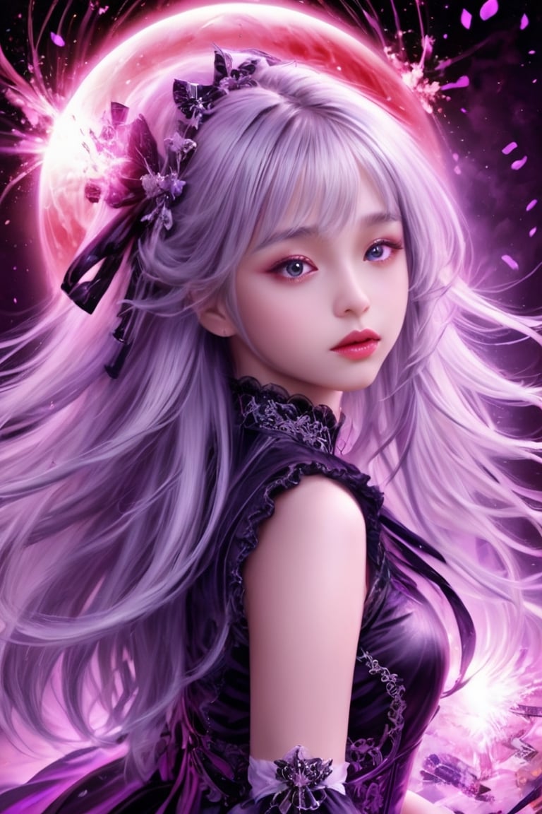 masterpiece, extremely high equality, extremely detailed CG unity 8k wallpaper, fantasy theme, sense of oppression, detailed face, a 17-years-old breathtakingly glamorous girl, female death, soul ripper, blonde hair, gothic lolita attire, ethereal breathtakingly beautiful face, style - whirlpool magic, explosion magic, candy explosion magic, real_booster, LegendDarkFantasy, concept art, color vivid, red moon, Rembrandt lighting