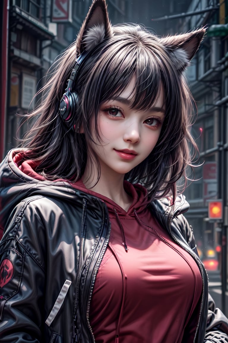  see smile,no mask, masterpiece,best quality,official art, extremely detailed CG unity 8k wallpaper,absurdres,8k resolution,exquisite facial features,prefect face,1girl, solo, long hair, looking at viewer, bangs, shirt, black hair, red eyes, long sleeves, animal ears, jacket, upper body, open clothes, hood, open jacket, black jacket, , headphones, wolf ears, red shirt, clothes writing, hooded jacket, red background, hood up, zipper, drawstring, covered mouth, headphones around neck, red theme, ears through headwear, respirator

,cool