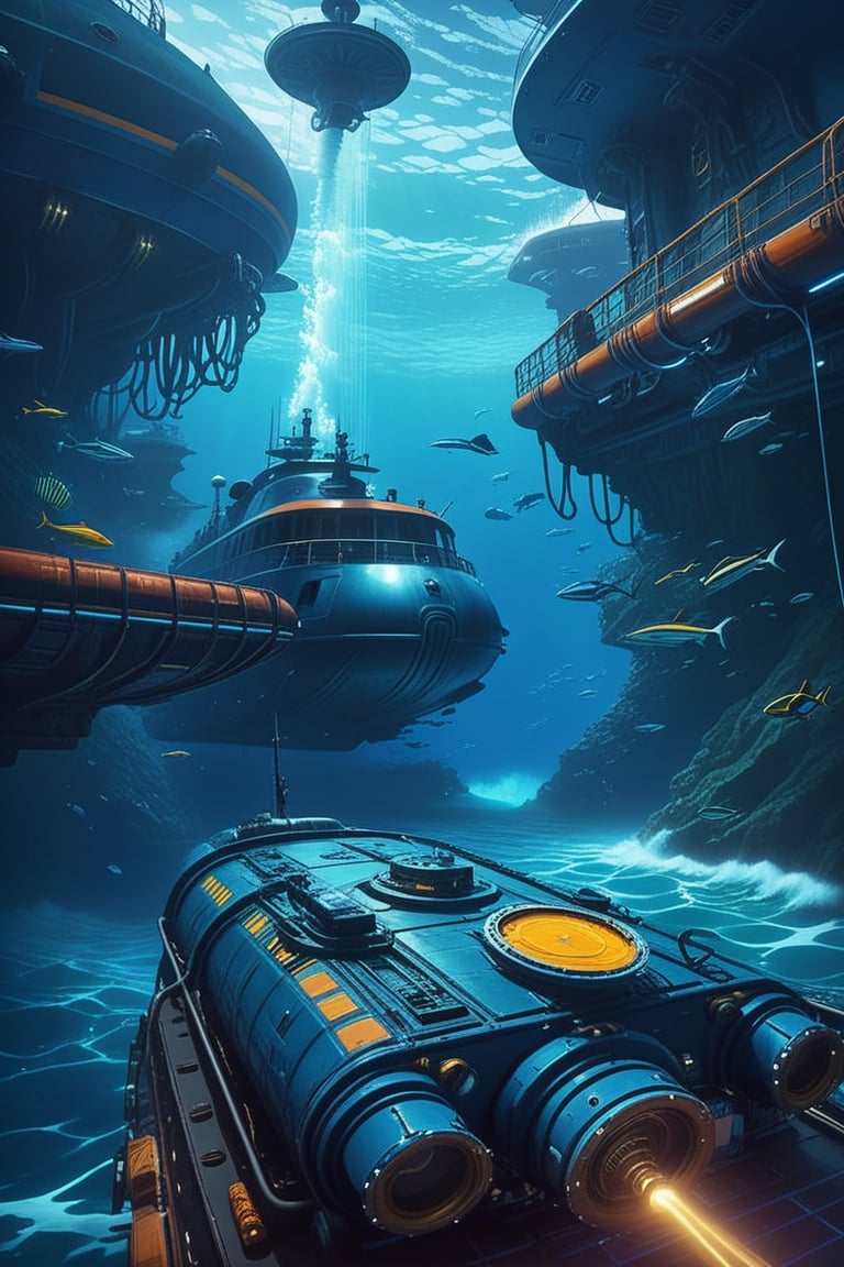 Nazare Subnautica vol.2 - New Nazare, by Luis Duarte, Nanopunk, blue shading, Nazare style, Element Water, Mythpunk, Graphic Interface, Space Art, Sci-Fic Art, Dark Influence, NijiExpress 3D v3, Kinetic Art, Datanoshing, Oilpainting, Ink v3, Splash style, Abstract Art, Abstract Tech, Cyber Tech Elements, Futuristic, Epic style, Illustrated v3, Deco Influence, AirBrush style, drawing