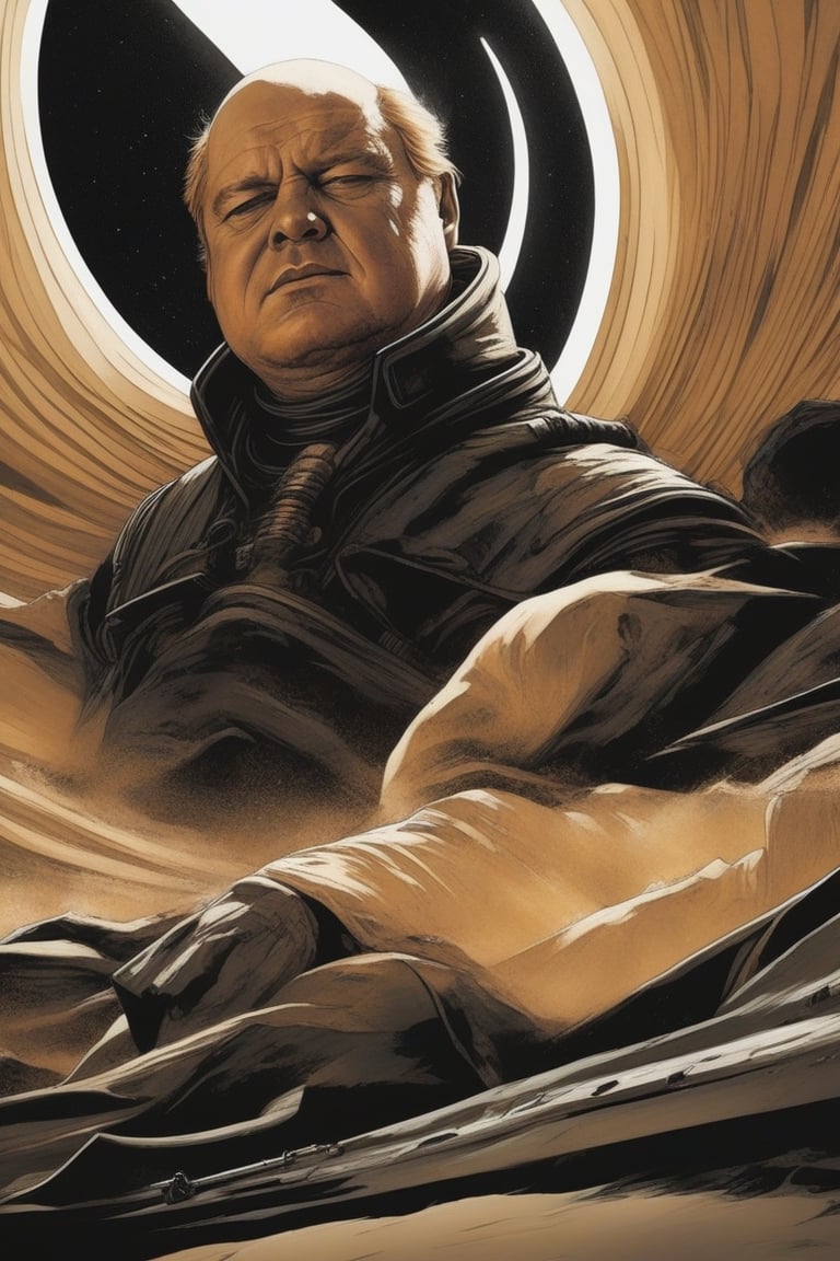 Dune-The death of Vladimir Harkonnen at the hands of Alia Atreides, by Luis Duarte, Alexandro Jodorowsy Art,Juan Gimenez Art,Space Art,Sci-Fic Art,Dark Influence,NijiExpress 3D v2,Kinetic Art,Datanoshing,Oil painting,Ink v3,Splash style,Abstract Art,Abstract Tech,CyberTech Elements,Futuristic,Epic style,Illustrated v3,Deco Influence,Air Brush style,drawing