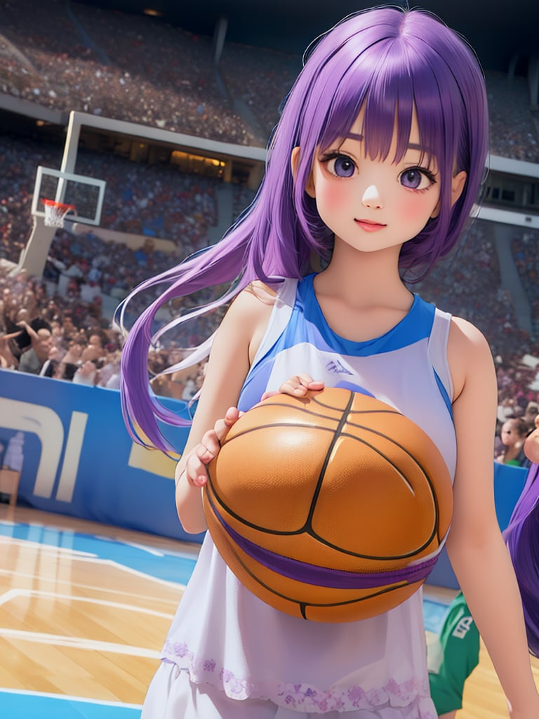 Masterpiece, highest quality, high brightness, 1 girl, purple hair, hair ornament, sportswear, baseketball, basketball match