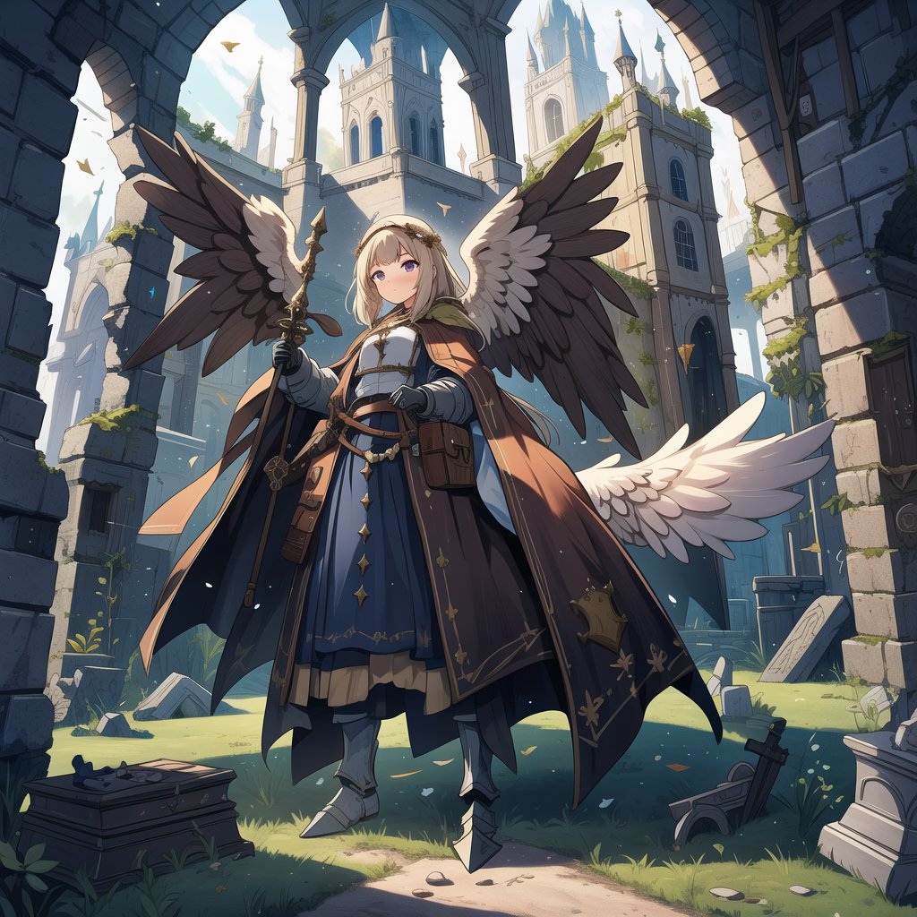 ((A legend relics girl closed medieval knight suit, angel wing, medieval castle ruins, myth relics objects, mystic objects))), whole body drawing with ultra detailed, cinematic lighting, flat illustration, 16k