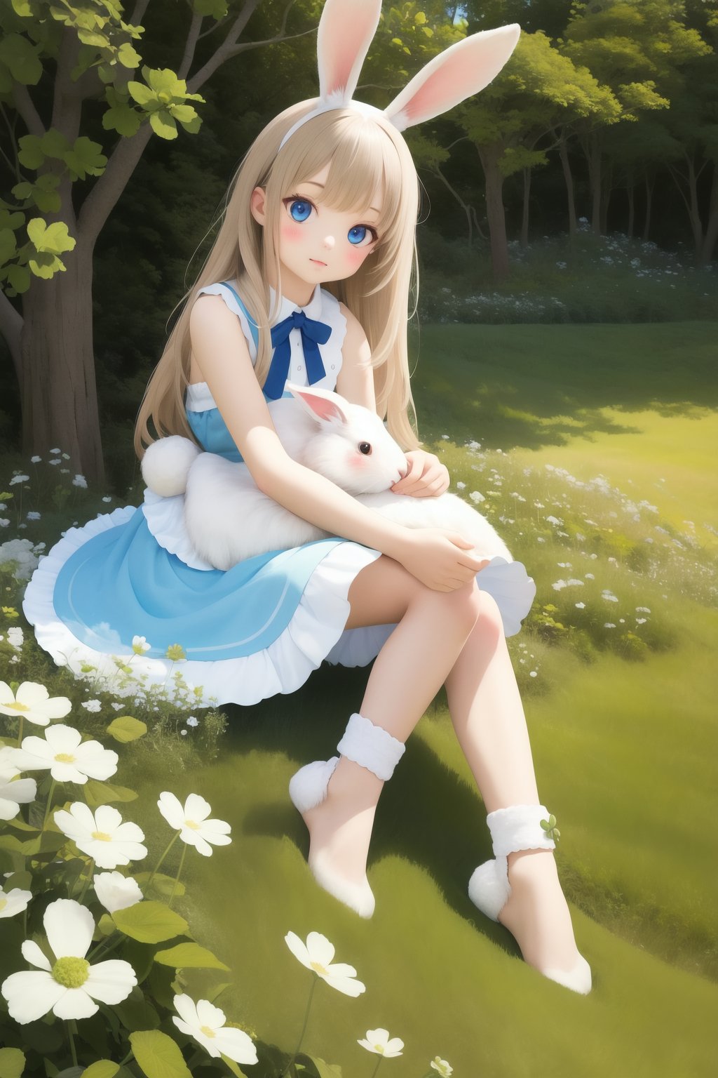 (masterpiece), (best quality), (extremely detailed), (1girl), solo, (pretty cute girl), looking at viewer, slender, evenly sized eyes, extremely detailed eyes, alice 
 in wonderland, hugging angora rabbit, bluewish, full body, outdoors, clover meadow, extremely detailed wallpaper, (parfect detail features), 8k, UHD, clover, 