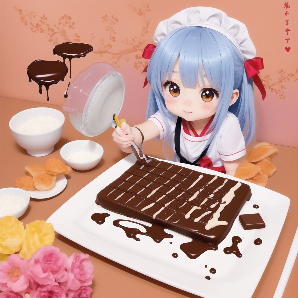 A very cute girl, chibi style, cooking, chocolate, mixing, ink brushstrokes in background mastepiece quality, stunning image, looking at viewer, anime girl, colorful, Ink art style.,Anime style