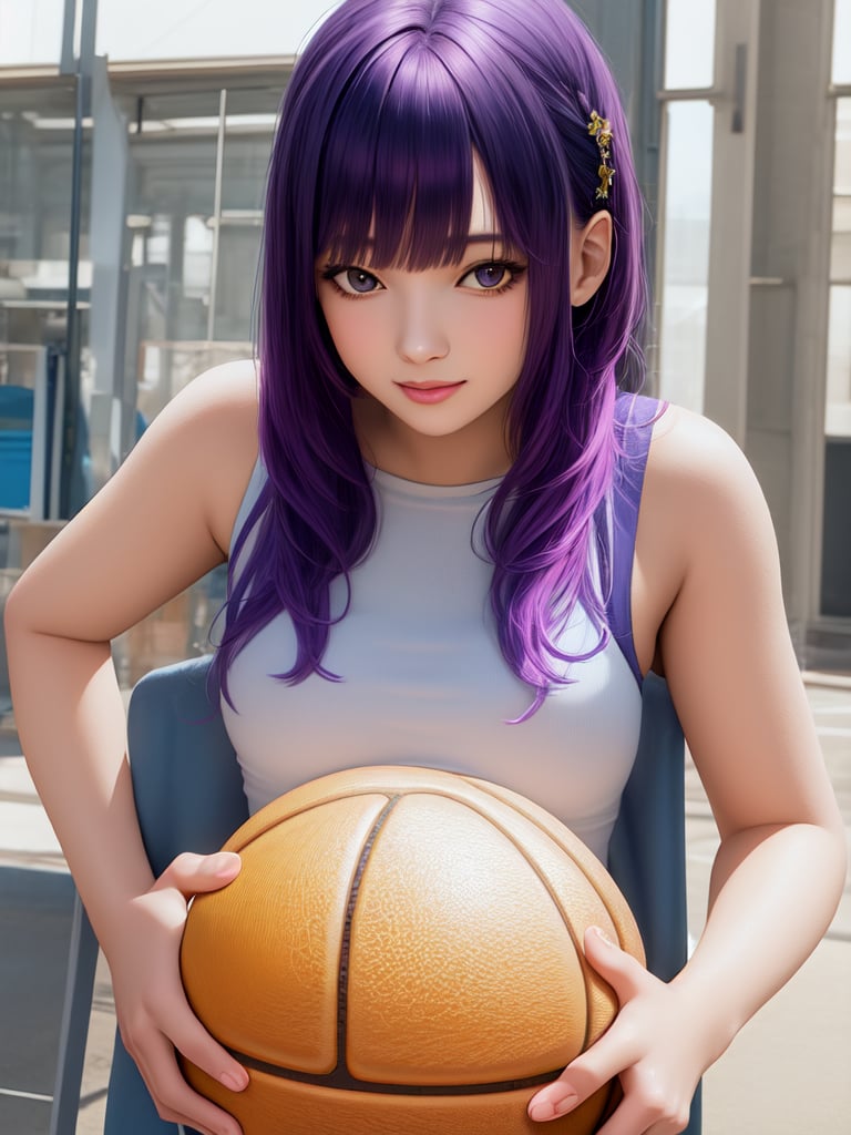 Masterpiece, highest quality, high brightness, 1 girl, purple hair, hair ornament, sportswear, baseketball, basketball match