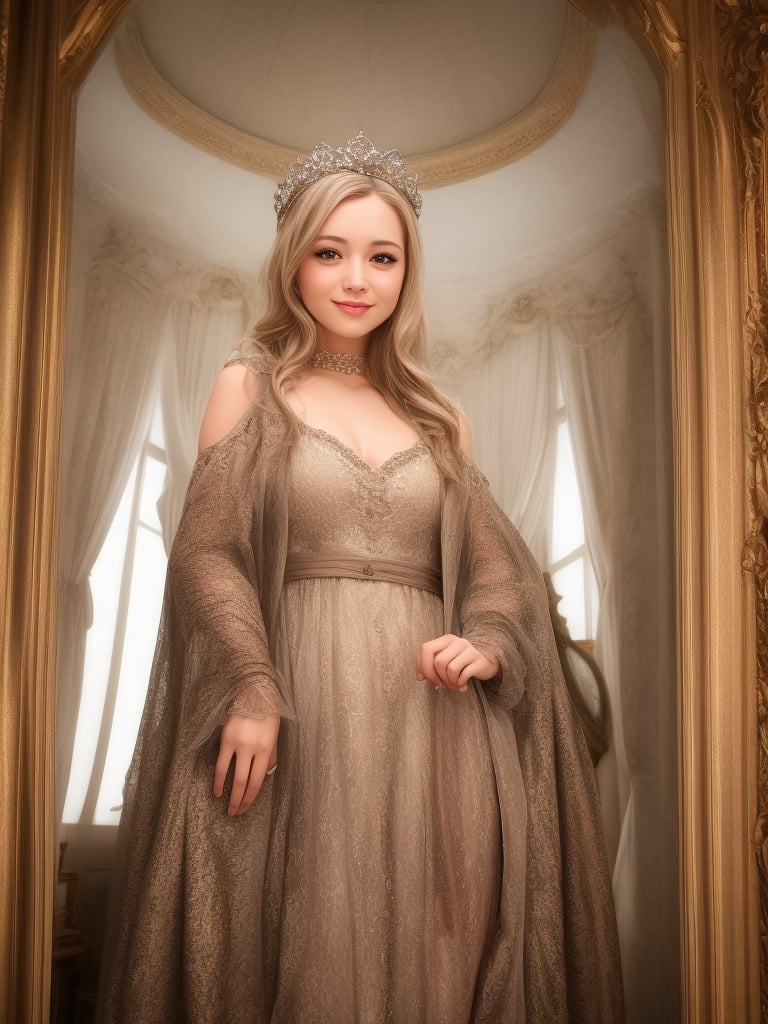 (masterpiece), (best quality), (extremely detailed), (1girl), solo, (pretty cute girl), looking at viewer, smile, slender, evenly sized eyes, extremely detailed eyes, white dress, tiara, cowboy shot, whole body, medieval classical room, indoors, extremely detailed wallpaper, (completely detailed features), 16k, 