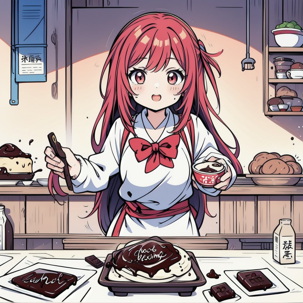 A very cute girl, chibi style, cooking, chocolate, mixing, ink brushstrokes in background mastepiece quality, stunning image, looking at viewer, anime girl, colorful, Ink art style.,Anime style