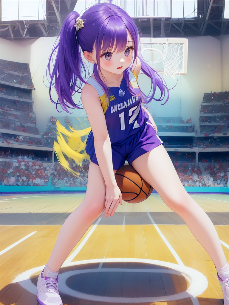 Masterpiece, highest quality, high brightness, 1 girl, purple hair, hair ornament, sportswear, baseketball, basketball match