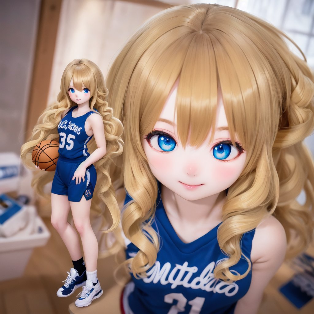 ((Generate hyper realistic full body portrait of  captivating scene featuring a stunning 20 years old girl,)) ((semi side view,)) with medium long blonde hair, flowing curls, little smile, donning a blue basketball  jersey, studio lighting,  piercing, blue eyes, photography style , Extremely Realistic,  ,photo r3al,action shot, full body, standing