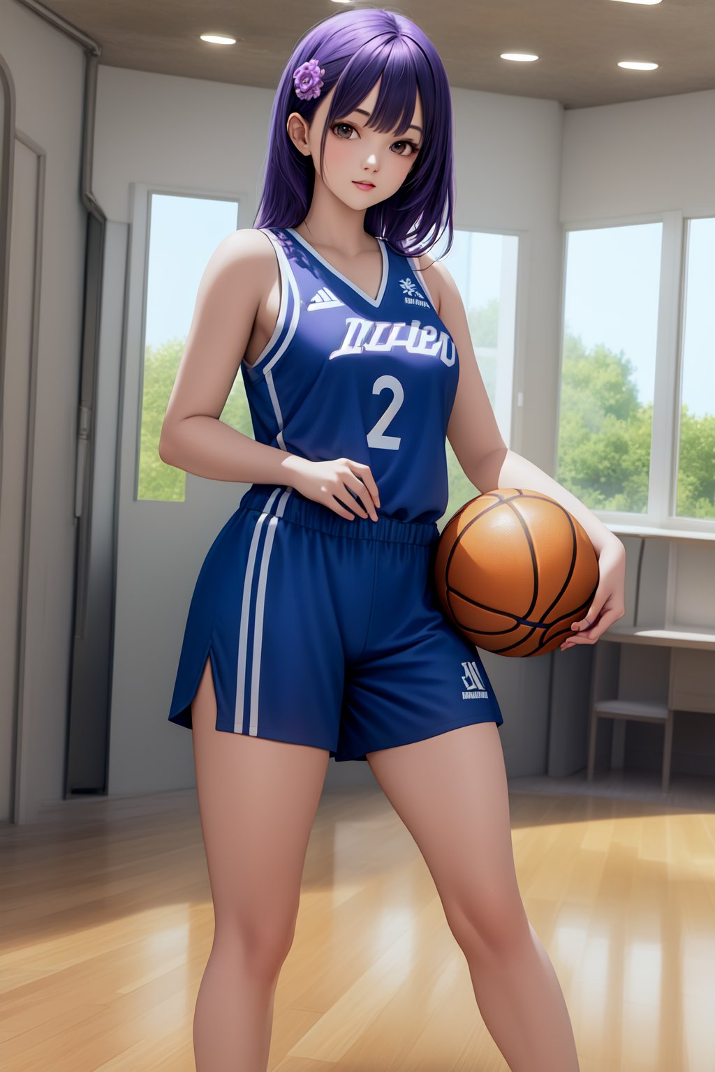 Masterpiece, highest quality, high brightness, 1 girl, purple hair, hair ornament, sportswear, baseketball, basketball match