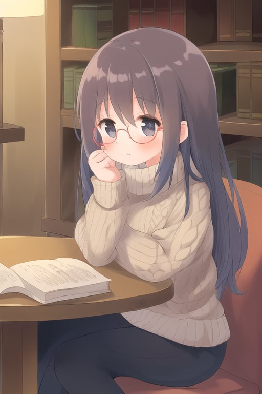 1girl, anime, reading a book, sitting at a wooden table in a grand library, wearing a cozy sweater and glasses, surrounded by tall bookshelves filled with books, warm lighting