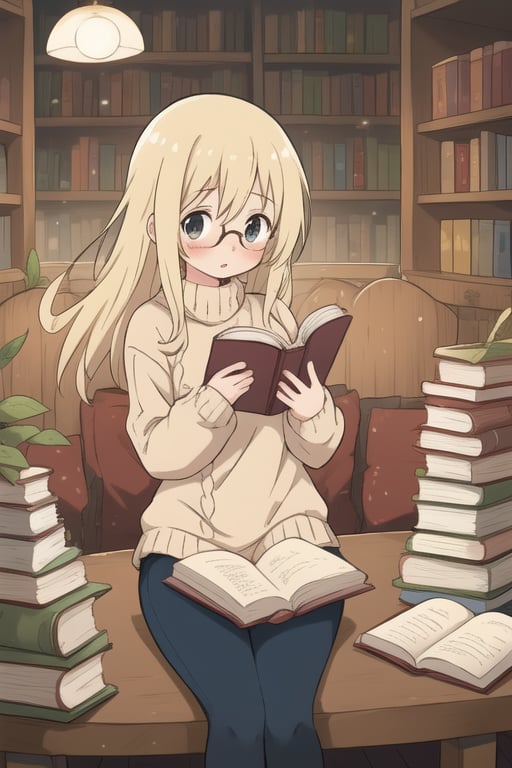 1girl, anime, reading a book, sitting at a wooden table in a grand library, wearing a cozy sweater and glasses, surrounded by tall bookshelves filled with books, warm lighting