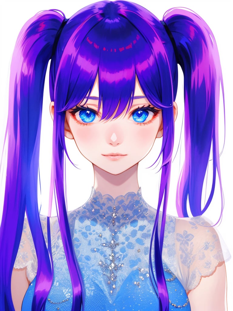 Beautiful girl. She is very badass, she wears a very luxurious outfit. detailed image, detailed skin, upper body, looking at viewer, twintails cut. Purple hair, blue eyes. White background, ((masterpiece: 1.2)), light particles, light particles in background, Anime style.