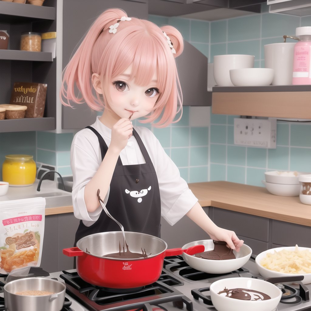 A very cute girl, chibi style, cooking, chocolate, mixing, ink brushstrokes in background mastepiece quality, stunning image, looking at viewer, anime girl, colorful, Ink art style.,Anime style