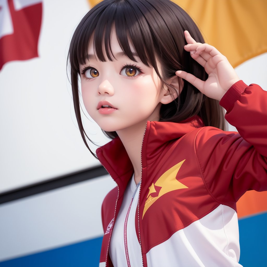 detailed illustration, dynamic angle, ultra-detailed, illustration, 1girl, Chinese flag, white and red jacket, medium, Olympic Awards Ceremony, olympic competition, yellow-brown eyes, bright eyes, podium, 