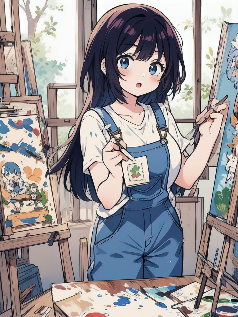 1girl, anime, painting a beautiful canvas in an art studio, wearing overalls and a paint-splattered shirt, easel and various art supplies around her, large window with natural light