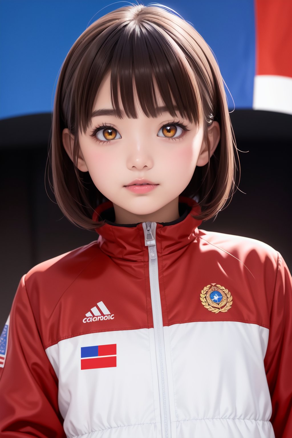 detailed illustration, dynamic angle, ultra-detailed, illustration, 1girl, Chinese flag, white and red jacket, medium, Olympic Awards Ceremony, olympic competition, yellow-brown eyes, bright eyes, podium, 