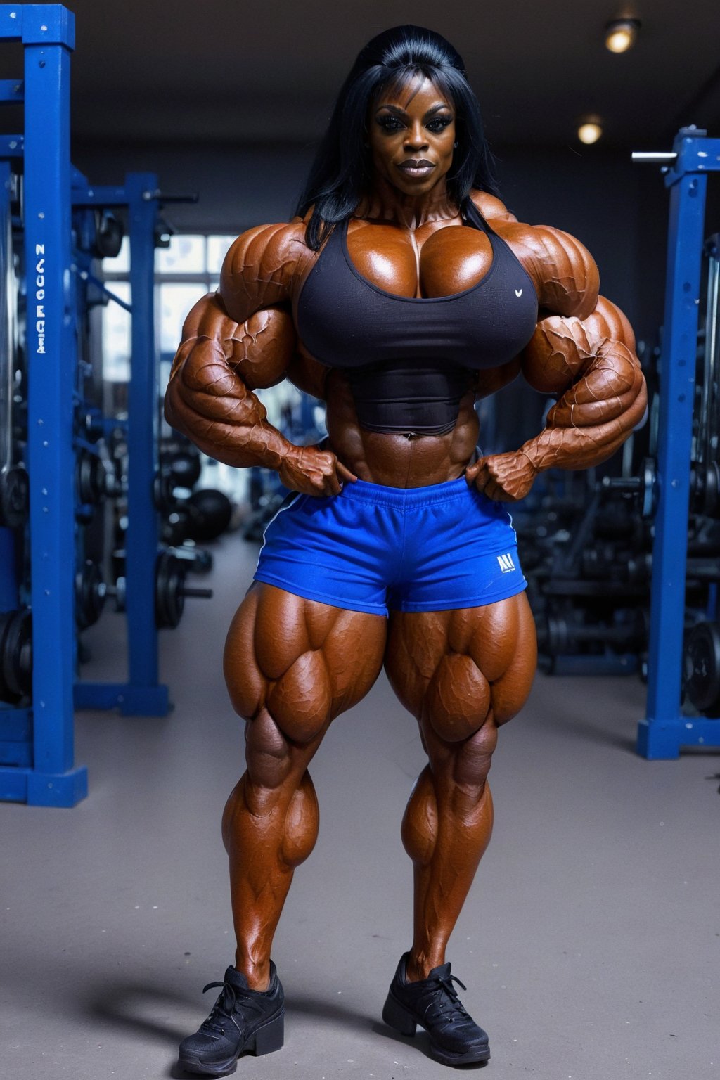 full body shot, (1girl), solo, a (heavenly massive & muscular African female bodybuilder:1.5), ultra realistic, (posing:1.5) her massive female muscles with very thick & huge male-like muscular female legs, heavenly, massively, huge & Muscular & Ripped Muscles, very muscular calves, very ripped abs and obliques, gigantically massive muscular arms, realistic muscle definition, light makeup, perfect composition, perfect face, intricate details, intrinsic details, masterpiece, hyper realistic, in the weight room by the gym,(blue gym top n shorts:1.5), perfect shredded musculature, (long black hair:1.5),Enormous Muscles,Gigantic Muscles,Huge Muscles,Big Muscles,melanin