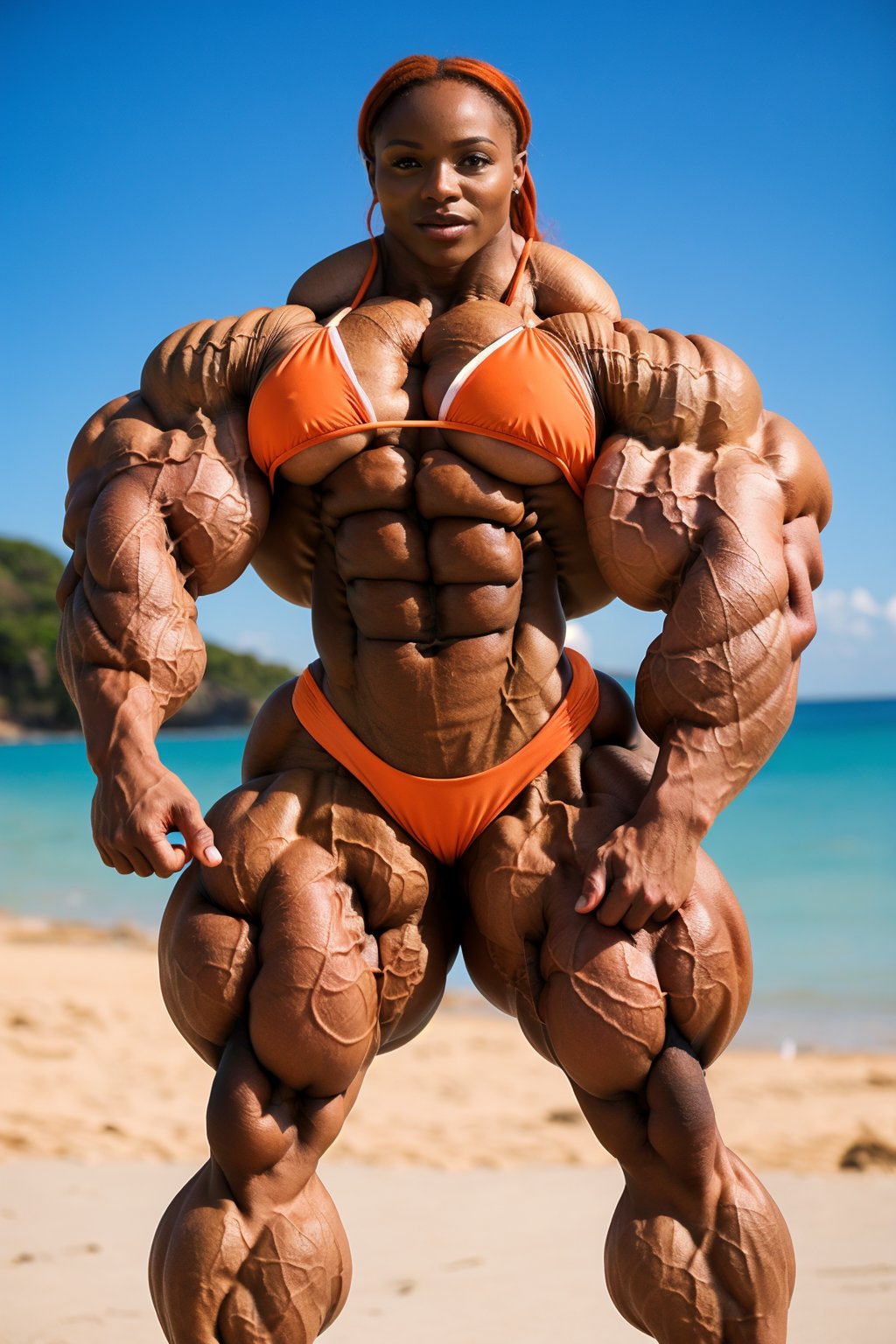 full body shot, (1girl), solo, a (heavenly massive & muscular African female bodybuilder:1.5), ultra realistic, (posing:1.5) her massive female muscles with very thick & huge male-like muscular female legs, heavenly, massively, huge & Muscular & Ripped Muscles, very muscular calves, very ripped abs and obliques, gigantically massive muscular arms, realistic muscle definition, light makeup, perfect composition, perfect face, intricate details, intrinsic details, masterpiece, hyper realistic, at the beach, big boobs with tension, big_boltedontits, (orange bikini:1.5), medium_boltedontits, perfect shredded musculature, (long red hair:1.5), barefeet,melanin