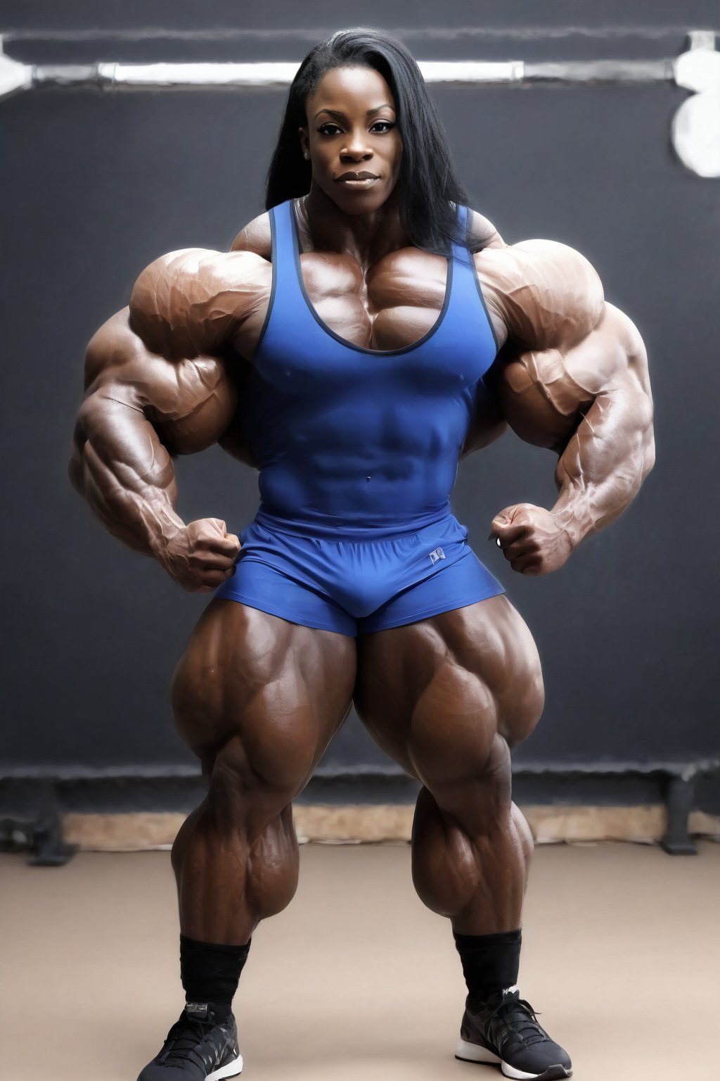 full body shot, (1girl), solo, a (heavenly massive & muscular African female bodybuilder:1.5), ultra realistic, (posing:1.5) her massive female muscles with very thick & huge male-like muscular female legs, heavenly, massively, huge & Muscular & Ripped Muscles, very muscular calves, very ripped abs and obliques, gigantically massive muscular arms, realistic muscle definition, light makeup, perfect composition, perfect face, intricate details, intrinsic details, masterpiece, hyper realistic, in the weight room by the gym,(blue gym top n shorts:1.5), perfect shredded musculature, (long black hair:1.5),Enormous Muscles,Gigantic Muscles,Huge Muscles,Big Muscles,melanin