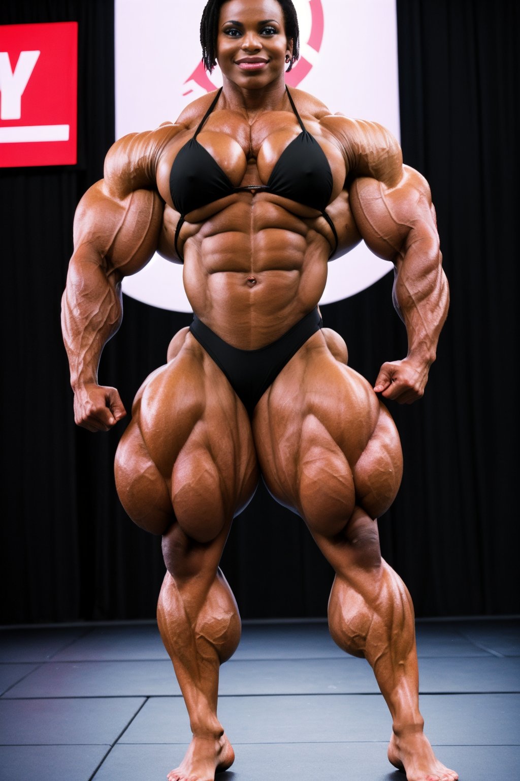 full body shot, (1girl), solo, a (heavenly massive & muscular African female bodybuilder:1.5), ultra realistic, (posing:1.5) her massive female muscles with very thick & huge male-like muscular female legs, heavenly, massively, huge & Muscular & Ripped Muscles, very muscular calves, very ripped abs and obliques, gigantically massive muscular arms, realistic muscle definition, light makeup, perfect composition, perfect face, intricate details, intrinsic details, masterpiece, hyper realistic, at the ifbb contest show on live stage, big boobs with tension, big_boltedontits, (black bikini:1.5), medium_boltedontits, perfect shredded musculature, (short black hair:1.5)