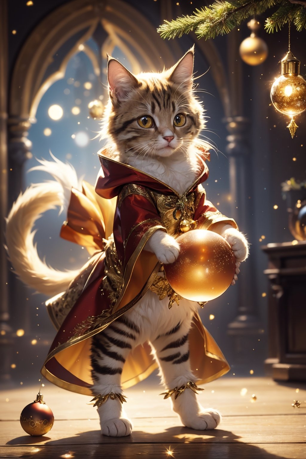 Fantasy photorealistic art of a cute cat Tom in a festive costume standing on the floor tries to hang a beautiful glass sphere on a branch of a Christmas tree, Christmas attributes, cinematic shot, soft light, amber light, magic atmosphere , flying particles, Christmas soks,thm style