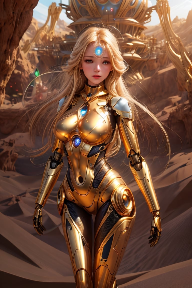 "((Mystical)) glass ball held by a beautiful sex  girl in a robot dunes environment, golden hair (fantasy) setting, soft sunlight, best quality, high resolution, detailed, ((ethereal atmosphere)), (whimsical composition)."