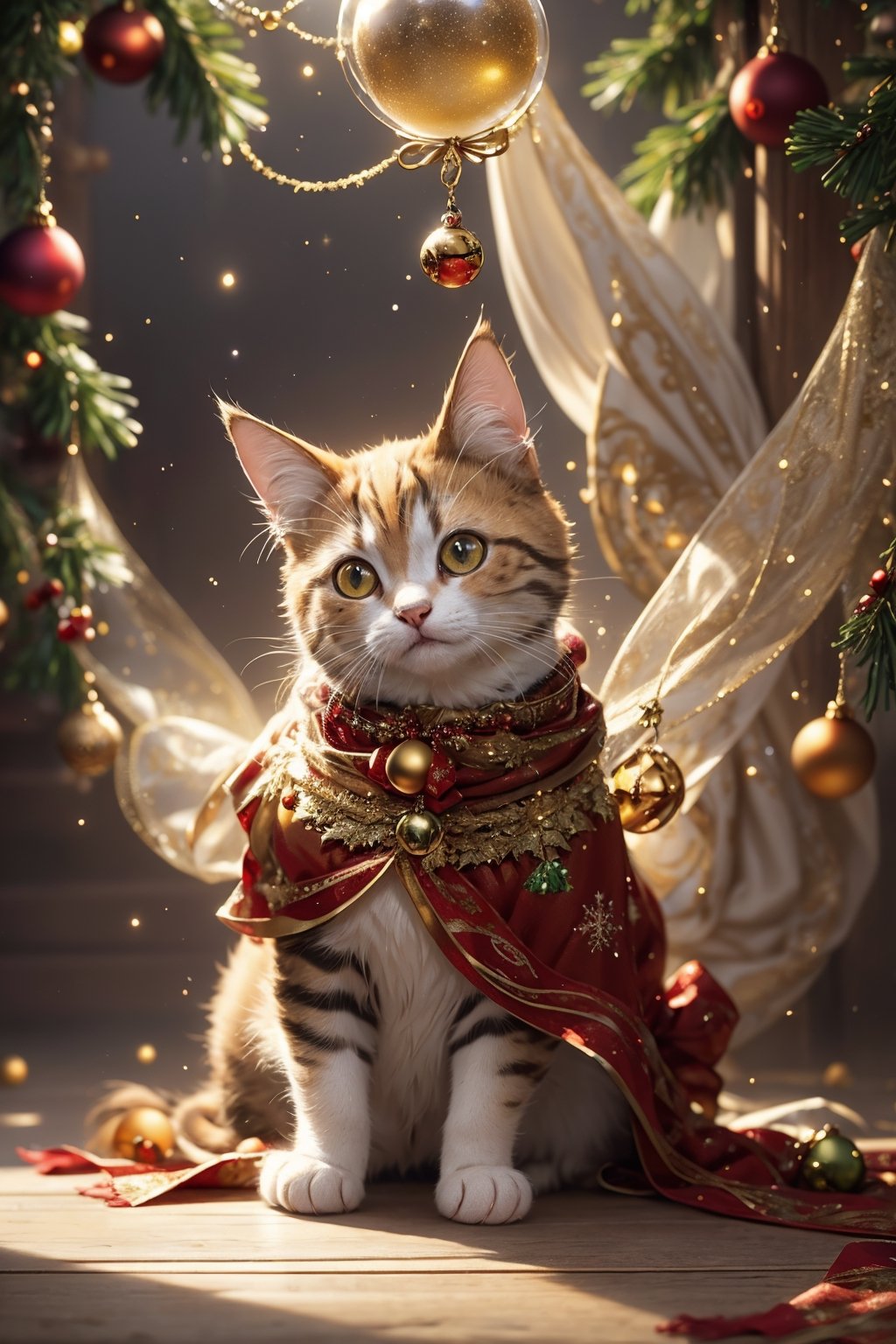 Fantasy photorealistic art of a cute cat Tom in a festive costume standing on the floor tries to hang a beautiful glass sphere on a branch of a Christmas tree, Christmas attributes, cinematic shot, soft light, amber light, magic atmosphere , flying particles, Christmas soks,thm style