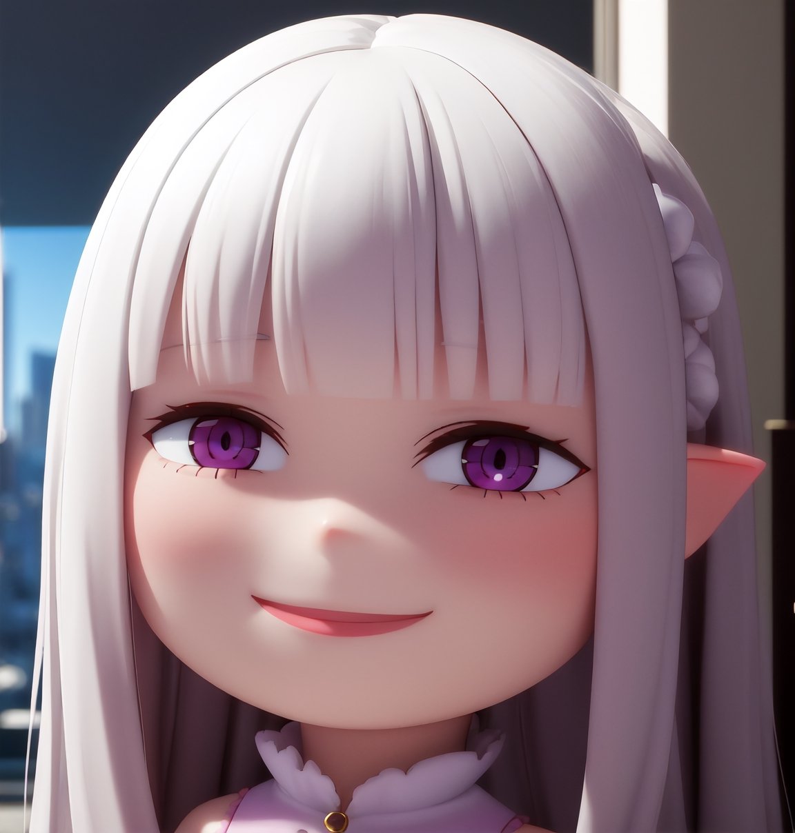Masterpiece, highest quality, high resolution, PVC, rendering, chibi, high resolution, solo girl, emilia (re:zero), pointy ears, gray hair, white hair, very long hair, blunt bangs, purple eyes,, smile, Selfish Target, Chibi, Mediterranean Cityscape, Smile, Smile, Self-Justice, Full Body, Chibi, 3D Figure, Toy, Doll, Character Print, Front View, Natural Light, ((Real)) 1.2)), Dynamic Pose, Medium movement, perfect cinematic lighting, perfect composition, emilia (re:zero),