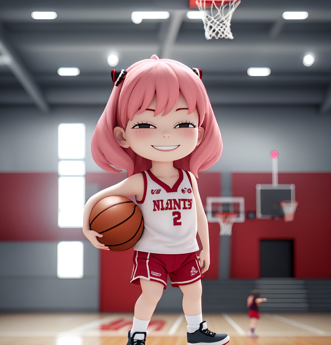 masterpiece, best quality, high resolution, PVC, rendering, chibi, high resolution, single woman, Anya Forger, pink hair, bob hair, gray eyes, smiling, selfish target, basketball, wearing basketball uniform, cheering, basketball court, chibi, smiling, grinning, self-satisfied, full body, chibi, 3D figure, toy, doll, character print, front view, natural light, ((realistic)) 1.2)), dynamic pose, medium movement, perfect cinematic perfect lighting, perfect composition, Anya Forger Spy x Family,