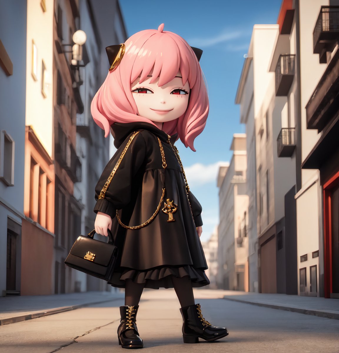 masterpiece, (realism: 1.2), top quality, high resolution, 3D, PVC, Figure, render, chibi, high resolution, single girl, Anya Forger, pink hair, bob hair, xuer Luxury brand fashion,  gray eyes, smiling, selfish target, chibi, Louis Vuitton costume,  bag,long sleeves,dress,pantyhose,black bow,puffy sleeves,black footwear,closed mouth,red eyes,handbag,black dress,full body,jacket,standing,black jacket,flower,building,Mediterranean cityscape, smiling, smiling, self-righteousness, full body, chibi, 3D figure, toy, doll, character print, front view, natural light, ((realistic)) 1.2)), dynamic pose, medium movement, perfect cinematic perfect lighting, perfect composition, anya_forger_spyxfamily, , xuer Luxury brand fashion