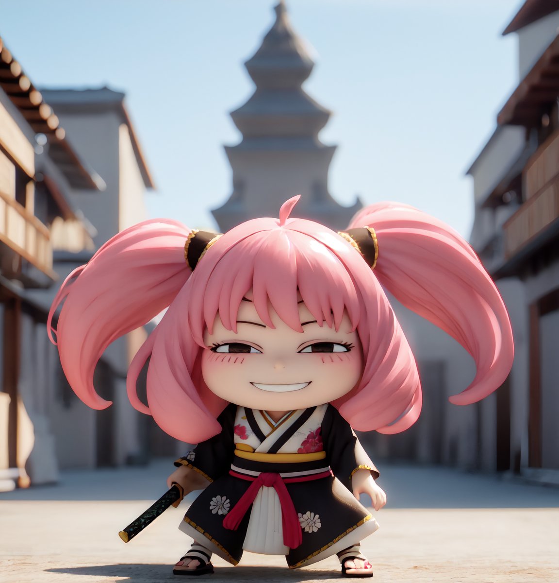 masterpiece, top quality, high resolution, PVC, render, chibi, high resolution, single girl, Anya Forger, pink hair, bob hair, Japanese Sengoku period ninja, wearing traditional ninja kimono, holding sword, gray eyes, smiling, selfish target, chibi, Mediterranean cityscape, smiling, smiling, self-righteousness, full body, chibi, 3D figure, toy, doll, character print, front view, natural light, ((realistic)) 1.2)), dynamic pose, medium movement, perfect cinematic perfect lighting, perfect composition, anya_forger_spyxfamily, , ninja