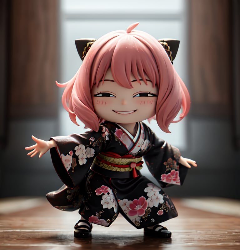 masterpiece,best quality,high resolution,pvc,rendered,chibi,high resolution,1 girl,solo,Anya Forger,pink hair,bob hair,japanese kimono,traditional woman wearing kimono,black kimono,dancing female action pose,grey eyes,smiling,selfish target,chibi,mediterranean cityscape,smiling,smiling,smugness,full body,chibi,3d figure,toy,doll,character print,front view,natural light,((realistic)) 1.2)),dynamic pose,medium movement,perfect cinematic perfect lighting,perfect composition,anya_forger_spyxfamily,xuer martial arts