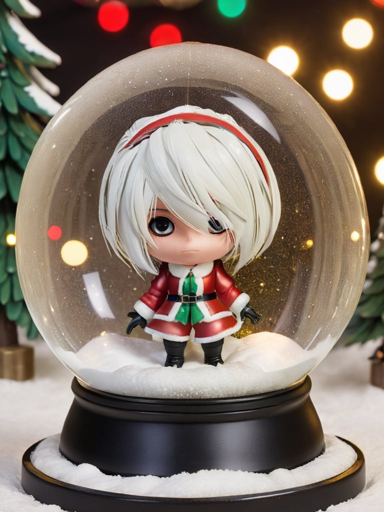 Detailmaster2, Top Quality, Super Detailed, Christmas, 2B in Santa Claus Costume, NieR Automata Snow Globe, 2B, Chibi, 3D Figure, SPY x FAMILY, Silver Hair, Winter, Christmas, Very Sharp, Perfect Shape, Perfectly Round snow globe, falling snow inside, colorful added lights, beautiful decoration base,,
, real photo, 2b