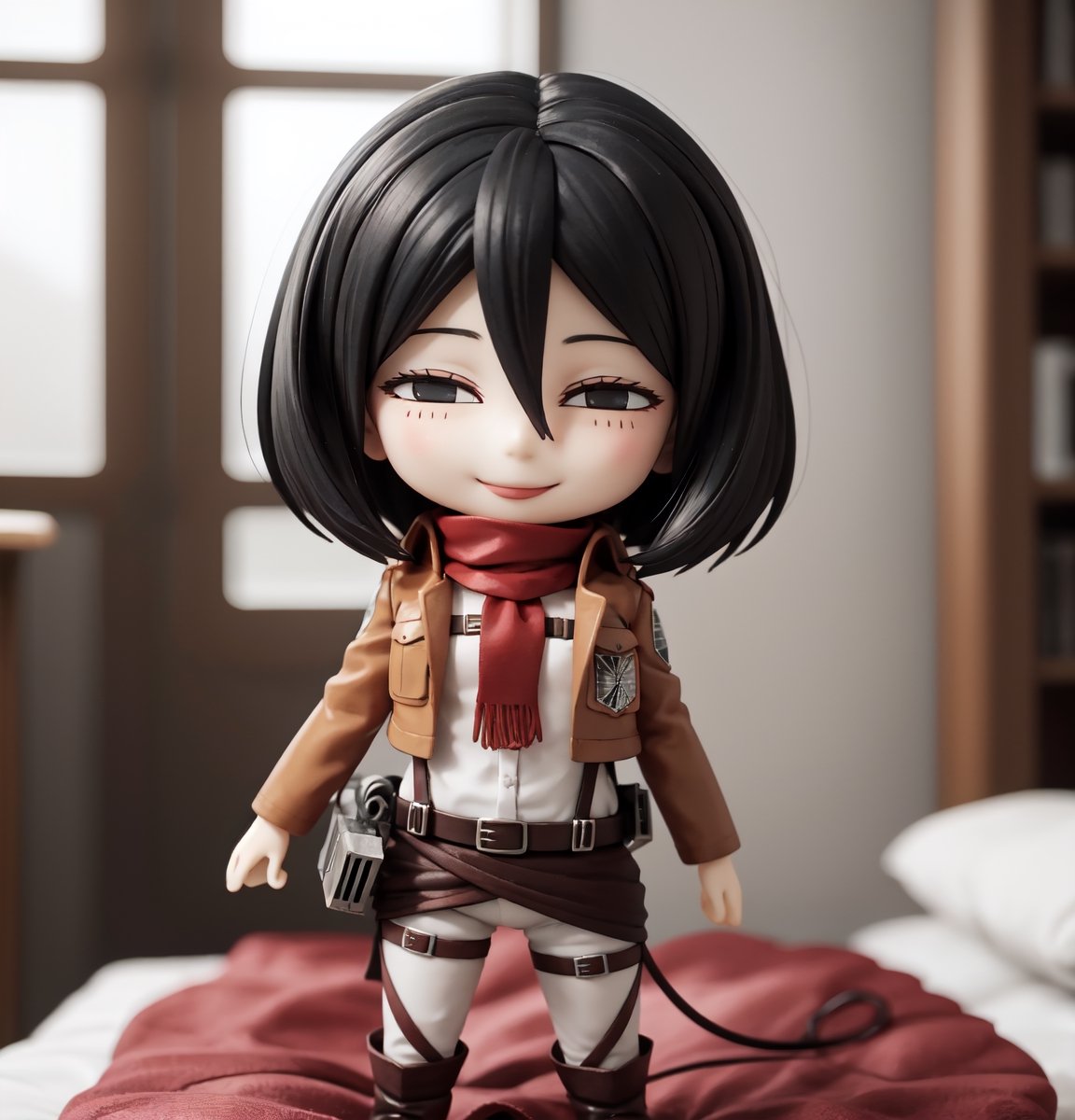 Masterpiece, highest quality, high resolution, PVC, rendering, chibi, high resolution, solo girl, hmmikasa, short hair, black eyes, scarf, emblem, belt, thigh strap, red scarf, white pants, brown jacket, long sleeves, Smile, Selfish Target, Chibi, Mediterranean Cityscape, Smile, Smile, Self-Justice, Whole Body, Chibi, 3D Figure, Toy, Doll, Character Print, Front View, Natural Light, ((Real)) 1.2)), Dynamic Pose, medium movement, perfect cinematic lighting, perfect composition, Mikasa Ackerman, Attack on Titan,AttackonTitan,  survey military uniform