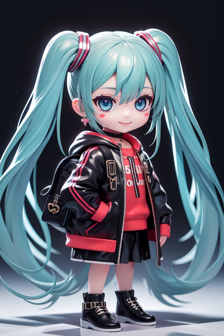 masterpiece, (realism: 1.2), ((1 person female)), Hatsune Miku, petite girl, full body, chibi, 3D figure girl, green hair, twin tails, beautiful girl with great detail, beautiful and delicate eyes, detailed face, beautiful eyes, xuer luxury brand fashion, evil smile, Gucci costume, backpack,chain,bag,sticker,, long sleeves, pantyhose, black ribbon, puffy sleeves, hood,gloves,jewelry,purple eyes,bandaid on nose, full body, black gloves,earrings,mouth hold,long sleeves,multicolored black gloves,earrings,mouth hold,long sleeves,multicolored hair,heart,jacket,ear piercing,hood, dynamic pose, stuffed animal,teddy bear,piercing, natural light, ((realistic) quality: 1.2), dynamic distance shot, cinematic lighting, perfect composition, super detail, official art, masterpiece, (best) quality: 1.3), reflection, high resolution CG Unity 8K wallpaper, Colorful background,splash of colormasterpiece, (realism: 1.2), random angle, side angle, chibi, full body, mikudef, lenticular flare, xuer luxury brand fashion