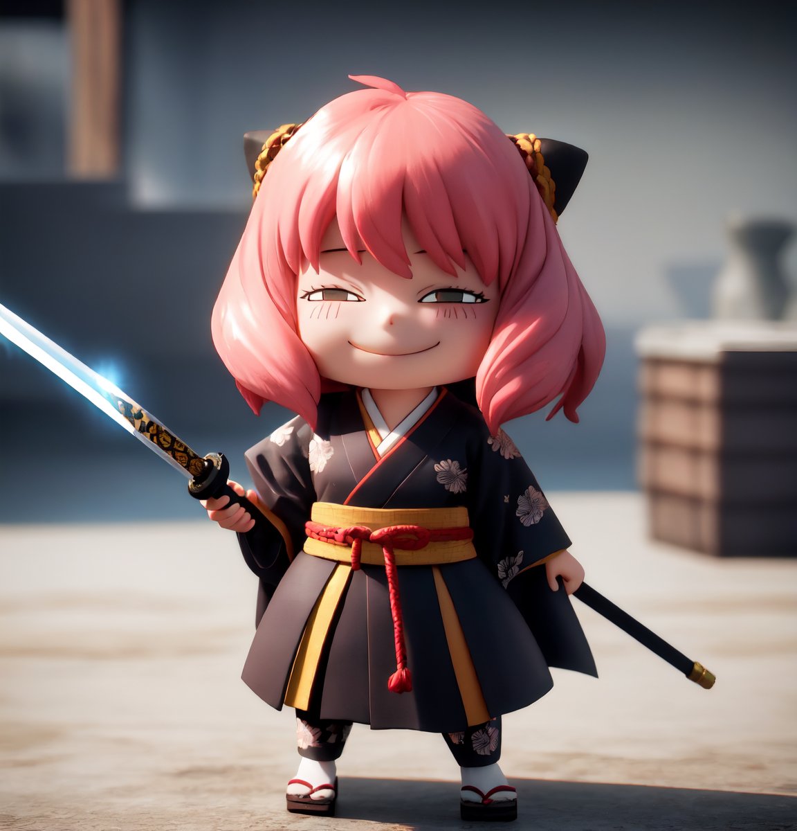 masterpiece, top quality, high resolution, PVC, render, chibi, high resolution, single girl, Anya Forger, pink hair, bob hair, Japanese Sengoku period ninja, wearing traditional ninja kimono, holding sword, gray eyes, smiling, selfish target, chibi, Mediterranean cityscape, smiling, smiling, self-righteousness, full body, chibi, 3D figure, toy, doll, character print, front view, natural light, ((realistic)) 1.2)), dynamic pose, medium movement, perfect cinematic perfect lighting, perfect composition, anya_forger_spyxfamily, , ninja