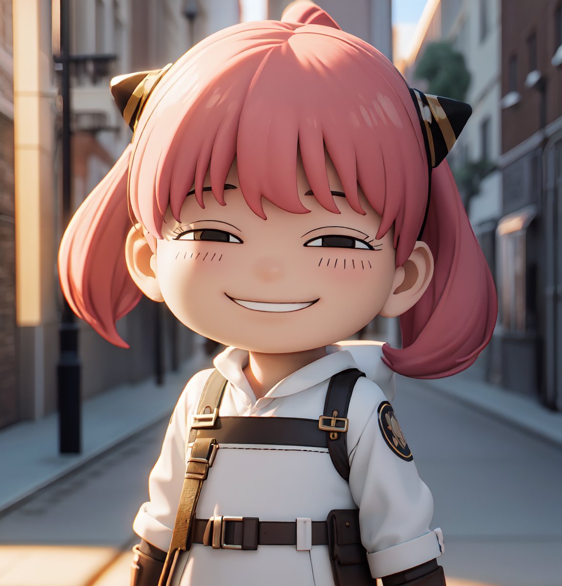 masterpiece, top quality, high resolution, PVC, render, chibi, high resolution, single woman, Anya Forger, pink hair, bob hair, Mandalorian costume, no helmet, pink Mandalorian armor, darksaber, holding the darksaber, grey eyes, smiling, selfish target, chibi, prohibition era streetscape, smiling, grinning, self-satisfied, full body, chibi, 3d figure, toy, doll, character print, front view, natural light, ((realistic)) 1.2)), dynamic pose, medium movement, perfect cinematic perfect lighting, perfect composition, Anya Forger spy x family, StarWMandalorian