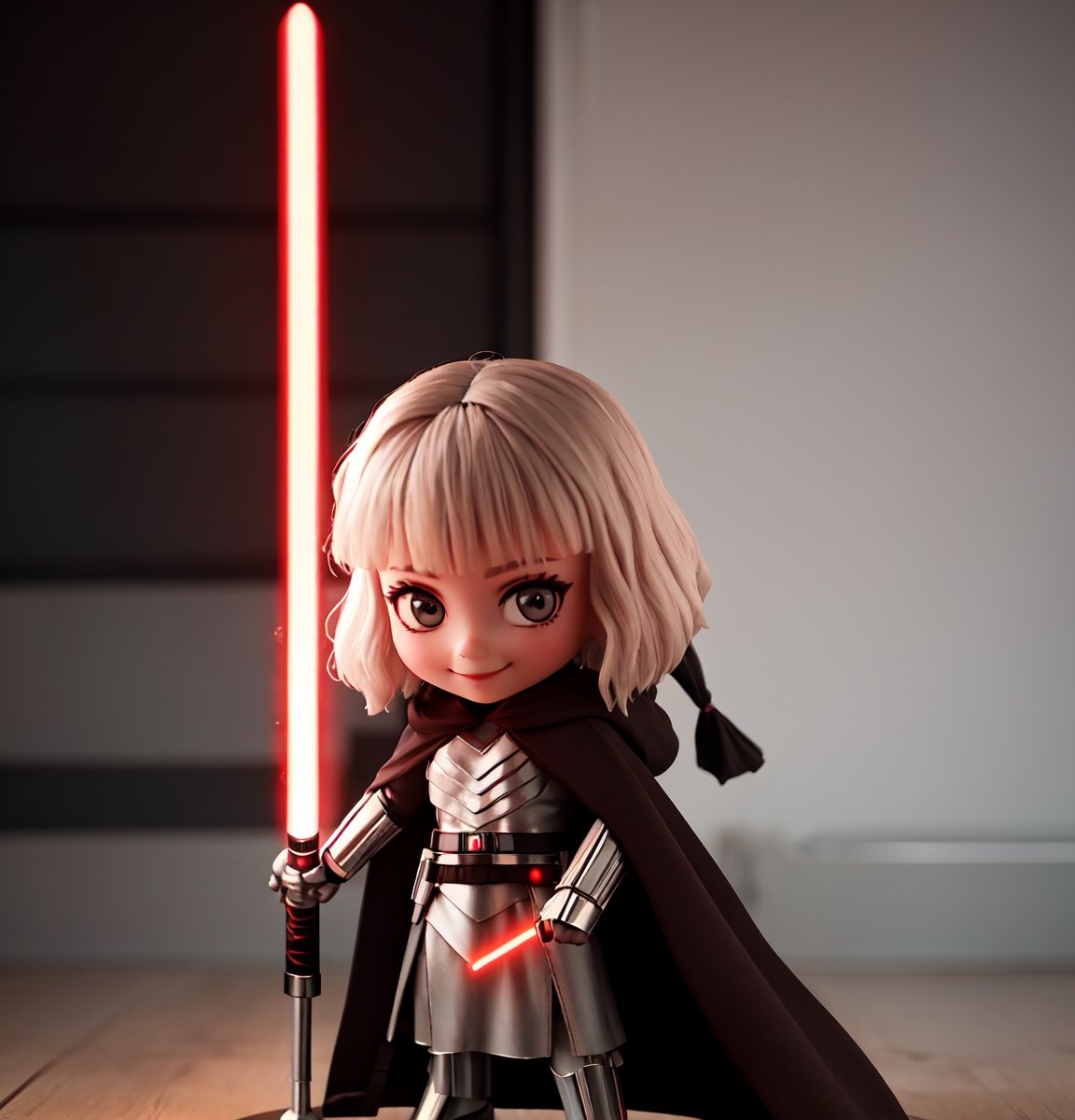 Masterpiece, highest quality, high resolution, PVC, rendering, chibi, high resolution, single girl, Shin Hati, ShinHati, single braid, side braid, cloak, robe, brown shirt, vambraces, black gloves, belt, Hood down, 1 Lightsaber, (holding a lightsaber with one hand: 1.4), gray eyes, smile, selfish target, chibi, Star Wars World, Shin Hati, smile, smile, self-righteousness, whole body, chibi, 3D figure, toy, doll, character print , Front View, Natural Light, ((Real)) Quality: 1.2)), Dynamic Pose, Medium-Movement, Cinematic Perfect Lighting, Perfect Composition, Costume, ShinHait