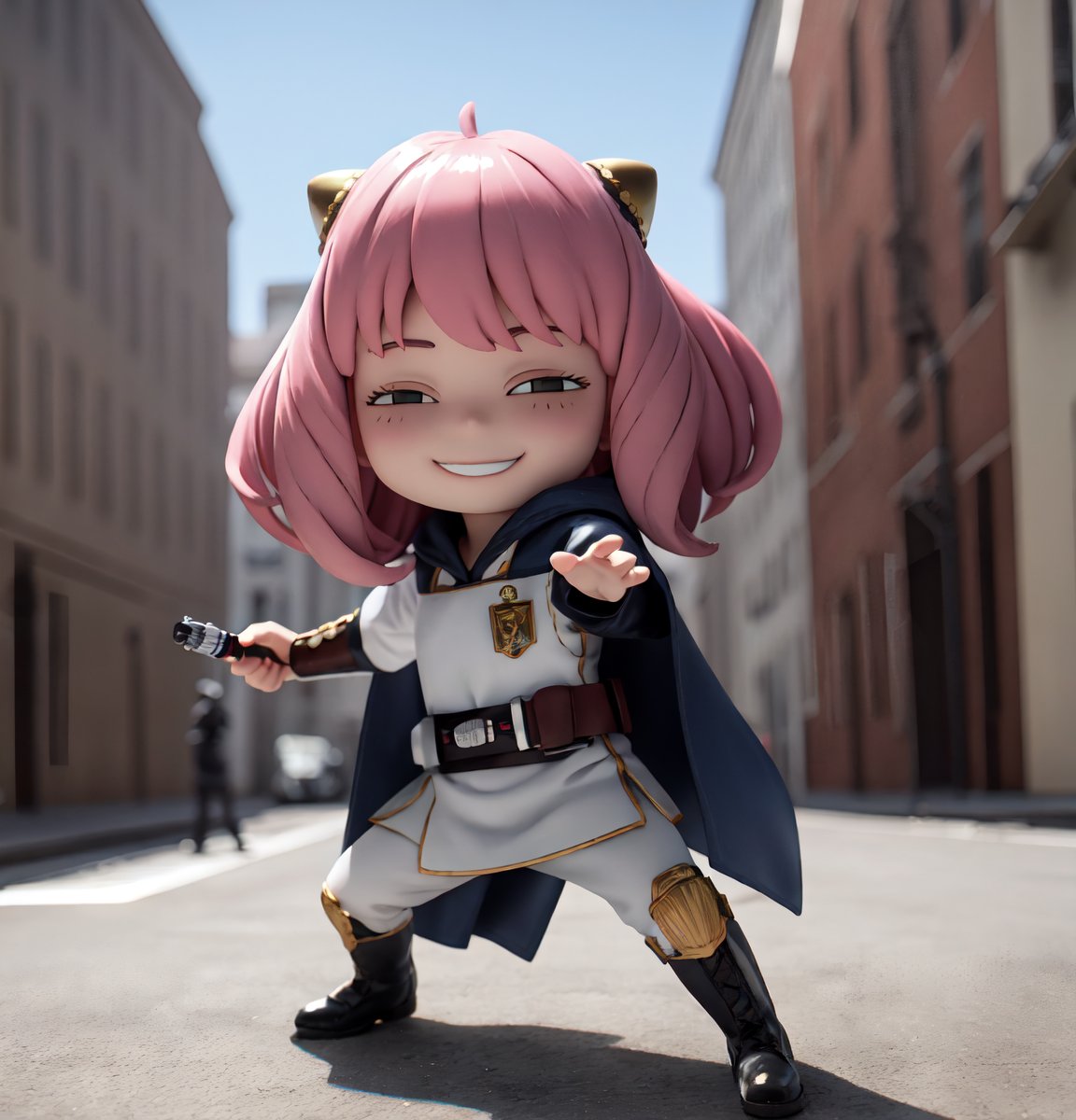 masterpiece, top quality, high resolution, PVC, render, chibi, high resolution, single woman, Anya Forger, pink hair, bob hair,  JediOutfit, robe, belt, boots, single braid, side braid, hood up, vambraces, black gloves, belt, holding Blue lightsaber, fighting stance, brown shirt, greaves, grey eyes, smiling, selfish target, chibi, prohibition era streetscape, smiling, grinning, self-satisfied, full body, chibi, 3d figure, toy, doll, character print, front view, natural light, ((realistic)) 1.2)), dynamic pose, medium movement, perfect cinematic perfect lighting, perfect composition, Anya Forger spy x family, JediStyle,JediOutfit