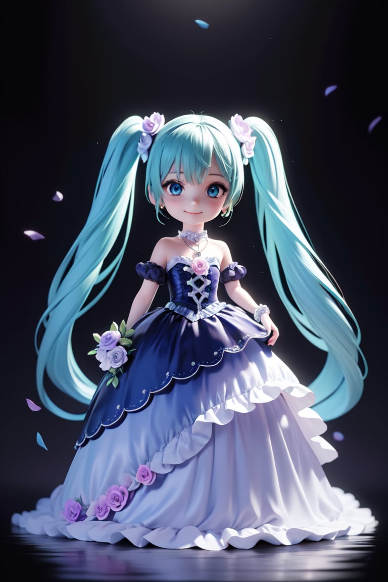 ((1 person)), Hatsune Miku, petite girl, full body, chibi, 3D figure girl, green hair, twin tails, beautiful girl with great detail, beautiful and delicate eyes, detailed face, beautiful eyes, embroidery, accessories, necklace, earrings, holding purple bouquet, purple flower confetti background, reflection, evil smile, purple dress, frills, detachable sleeves, frilly choker, , jewelry details, dynamic beautiful pose, dynamic pose, gothic architecture, natural light, ((realistic)) quality: 1.2), dynamic distance shot, cinematic lighting, perfect composition, super detail, official art, masterpiece, (best) quality: 1.3), reflection, high resolution CG Unity 8K wallpaper, detailed background, masterpiece, (photorealistic): 1.2), random angle, side angle, chibi, full body, mikdef, lencifer flare