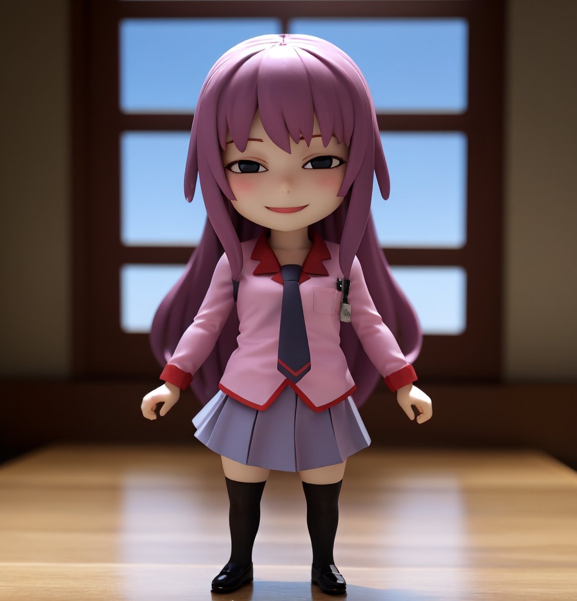 master piece, highest quality, high resolution, pvc, rendering, chibi, high resolution, solo girl, senjougahara hitagi, school uniform, long sleeves, sh1, senjougahara hitagi, long hair, long sleeves, necktie, school uniform, pleated skirt, juliet sleeves, black thighhighs, pink shirt, smile, selfish target, chibi, Mediterranean cityscape, smile, smile, self-justice, full body, chibi, 3D figure, toy, doll, character print, front view, natural light, ((Real )) 1.2)), dynamic pose, medium movement, perfect cinematic perfect lighting, perfect composition, sh1