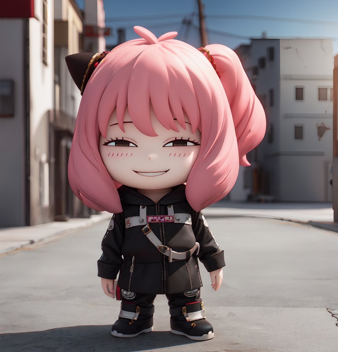Masterpiece, highest quality, high resolution, PVC, rendering, chibi, high resolution, one girl, Anya Forger, pink hair, bob hair, post-apocalypic_fashion, gray eyes, smile, Selfish Target, Chibi, Mediterranean Cityscape, Smile, Smile, Self-Justice, Full Body, Chibi, 3D Figure, Toy, Doll, Character Print, Front View, Natural Light, ((Real)) 1.2)), Dynamic Pose, Medium movement, perfect cinematic perfect lighting, perfect composition, post-apocalypic_fashion anya_forger_spyxfamily,post-apocalypic_fashion
