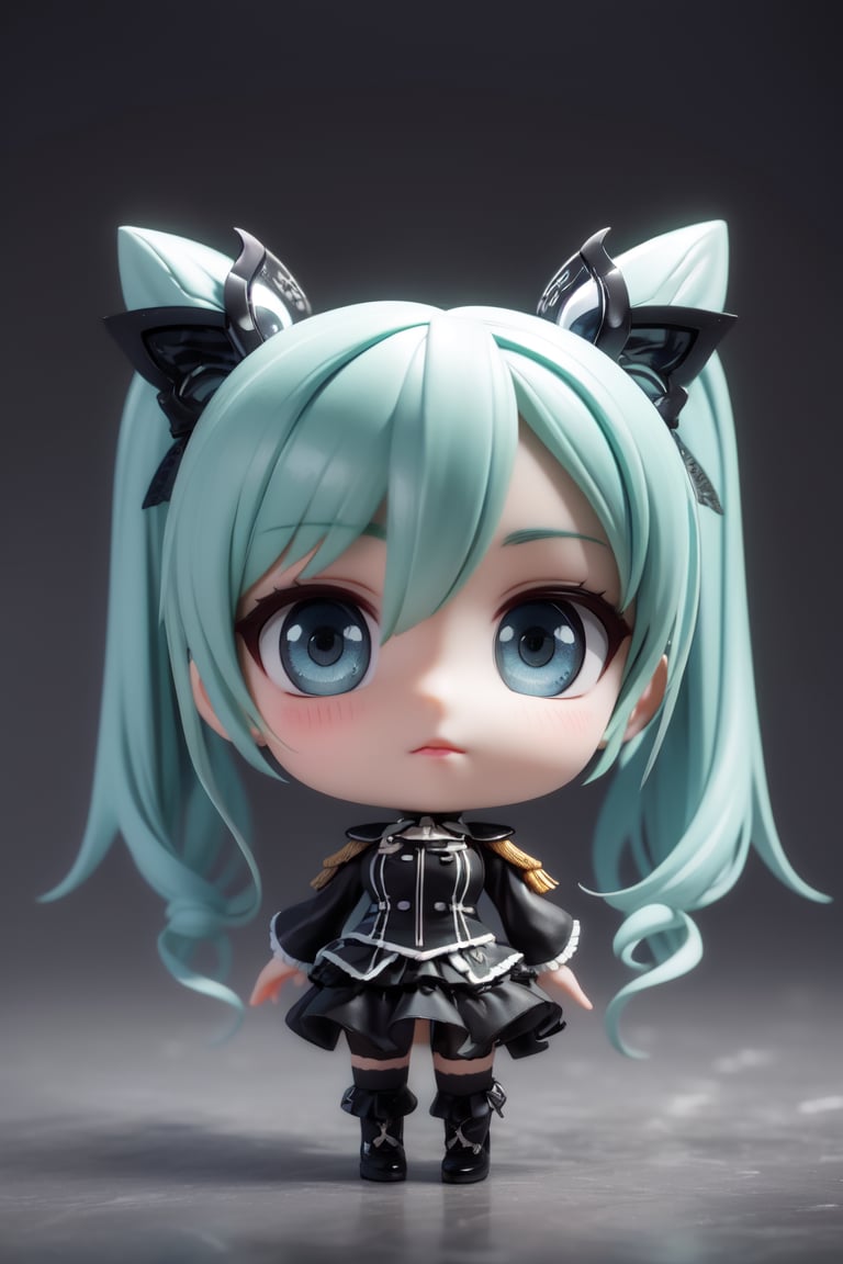 ((1 woman)), Hatsune Miku, petite girl, full body, chibi, 3D figure girl, green hair, twin tails, beautiful girl with great attention to detail, beautiful and delicate eyes, detailed face, beautiful eyes, (smile:0.6), jirai fashion epaulettes, mesmerizing designs, c, detailed, dynamic beautiful pose, dynamic pose, gothic architecture, natural light, ((realistic)) quality: 1.2)), dynamic long distance shot, cinematic lighting, perfect composition, super detail, official art, masterpiece, (best) quality: 1.3)), reflection, high resolution CG Unity 8K wallpaper, detailed background, masterpiece, (photorealistic) : 1.2), random angle,  side angle, chibi, full body, mikdef, jirai fashion