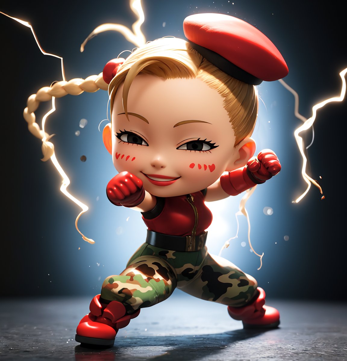 masterpiece, best quality, high resolution, PVC, render, chibi, high resolution, single woman, Street Fighter, cammy, Cammy White (character name), red beret, camouflage face paint, confident smile, legendary fighting, skills, martial arts expert,lightning ,(Black background:1.5),1girl,solo,fighting stance,, solo, fighting stance,  smiling, selfish target, chibi, persona 3 world, smiling, grinning, self-satisfied, full body, chibi, 3D figure, toy, doll, character print, front view, natural light, ((realistic)) 1.2)), dynamic pose, medium movement, perfect cinematic perfect lighting, perfect composition, chunlims,CAMMY