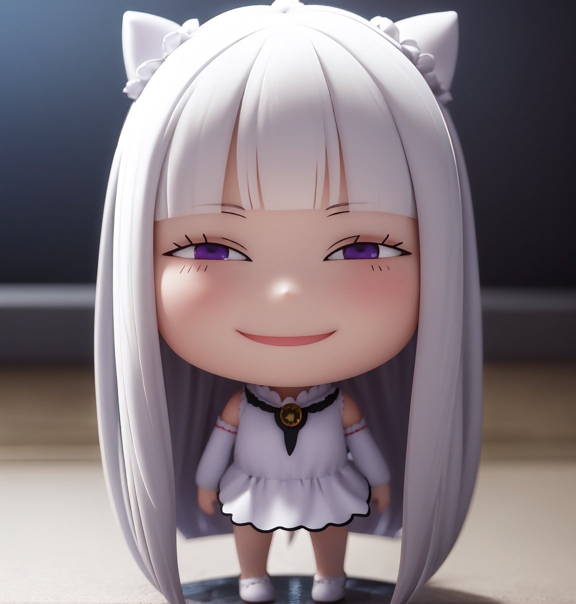 Masterpiece, highest quality, high resolution, PVC, rendering, chibi, high resolution, solo girl, emilia (re:zero), pointy ears, gray hair, white hair, very long hair, blunt bangs, purple eyes,, smile, Selfish Target, Chibi, Mediterranean Cityscape, Smile, Smile, Self-Justice, Full Body, Chibi, 3D Figure, Toy, Doll, Character Print, Front View, Natural Light, ((Real)) 1.2)), Dynamic Pose, Medium movement, perfect cinematic lighting, perfect composition, emilia (re:zero),