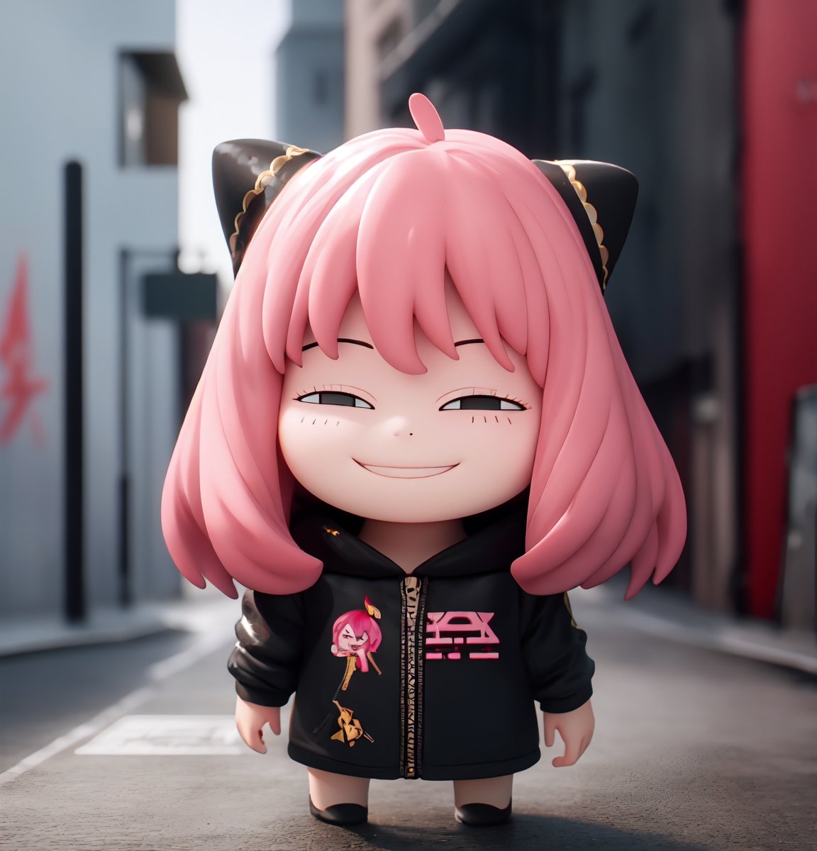 masterpiece, top quality, high resolution, PVC, render, chibi, high resolution, single woman, Anya Forger, pink hair, bob hair, Realistic hood, ppcp, graffiti background, grey eyes, smiling, selfish target, chibi, prohibition era city, smiling, grinning, self-satisfied, full body, chibi, 3D figure, toy, doll, character print, front view, natural light, ((realistic)) 1.2)), dynamic pose, medium movement, perfect cinematic perfect lighting, perfect composition, Anya Forger Spy x Family, , ppcp