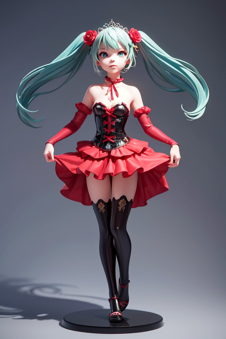 ((1 female)), Hatsune Miku, petite girl, full body, chibi, 3D figure little girl, green hair, twin tails, beautiful girl with attention to detail, beautiful delicate eyes, detailed face, beautiful eyes,neck ribbon, crown of thorns, thorns, (red cape, dress flower), detached sleeves, hair flower, hair ornament, long sleeves, black corset, long skirt, red dress, rose, strapless dress, long skirt, thighhighs, thighlet, red nails, dress flower, black thighhighs, female action poses,  detail, dynamic dancing pose, dynamic pose, Gothic architecture, natural light, ((realistic) ) Quality: 1.2 )), Dynamic Distance Shot, Cinematic Lighting, Perfect Composition, Super Detail, Official Art, Masterpiece, (Best) Quality: 1.3), Reflections, High Resolution CG Unity 8K Wallpaper, Detailed Background, Masterpiece, (Photorealistic): 1.2), Random Angle, Side Angle, Chibi, Full Body, Mikdef,destiny /(takt op./)